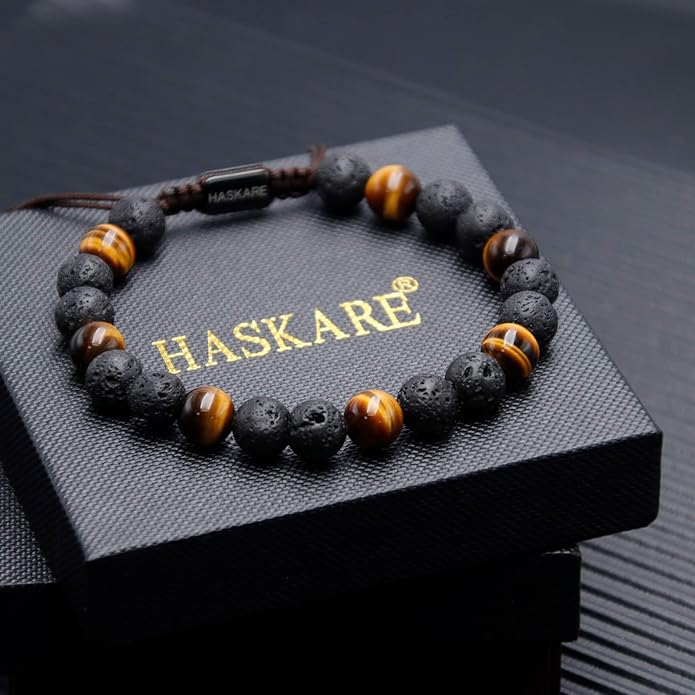 HASKARE Triple Protection Crystal Bracelets for Men, Premium Tiger Eye Bracelet Lava Healing Bracelet Fathers Day Gift, Handmade Cross Stress Relief Beads Bracelets Mens Jewelry Gift for Dad Grandpa