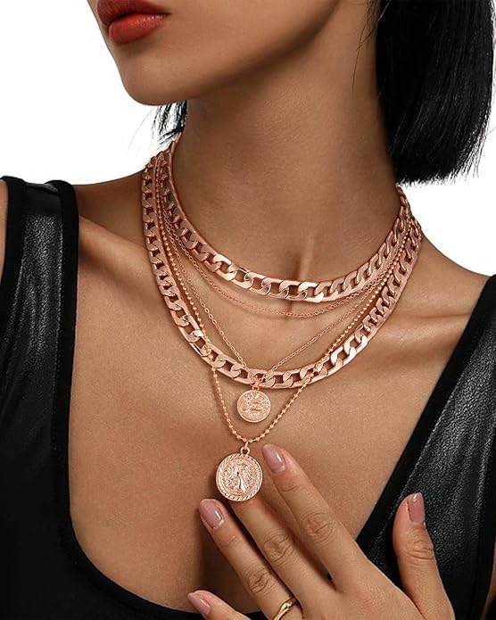 MJartoria Layered Necklaces for Women Trendy Retro Coin Pendant Necklace Dainty Chunky Chain Choker Necklaces for Jewelry Birthday Gifts