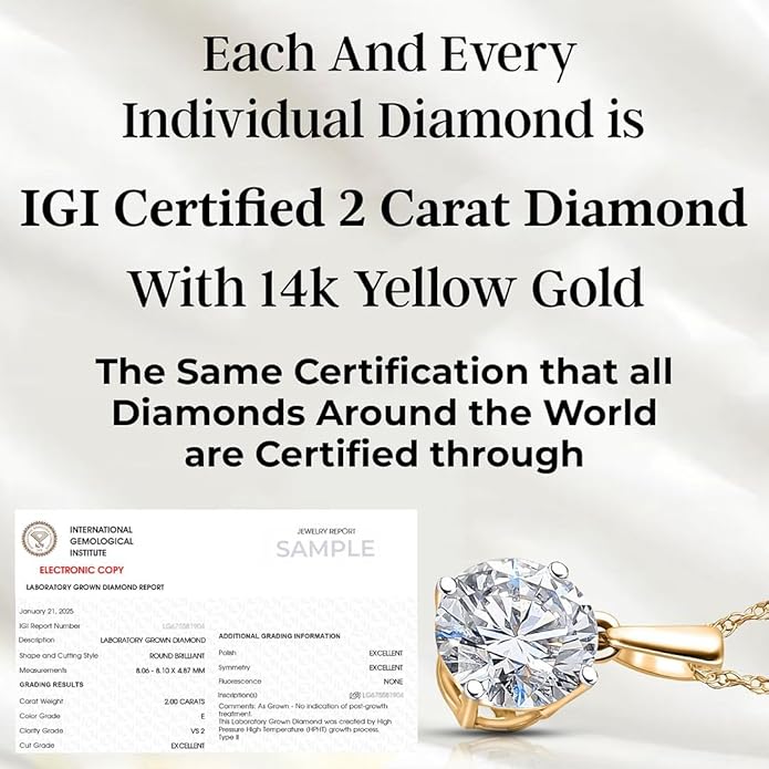 IGI Certified 0.5–4 Carat Lab Grown Diamond Solitaire Pendant Necklace (E-F Color VS Clarity) Solid 14K Gold / Platinum / Sterling Silver 20" Chain Anniversary Jewelry for Women Gifts