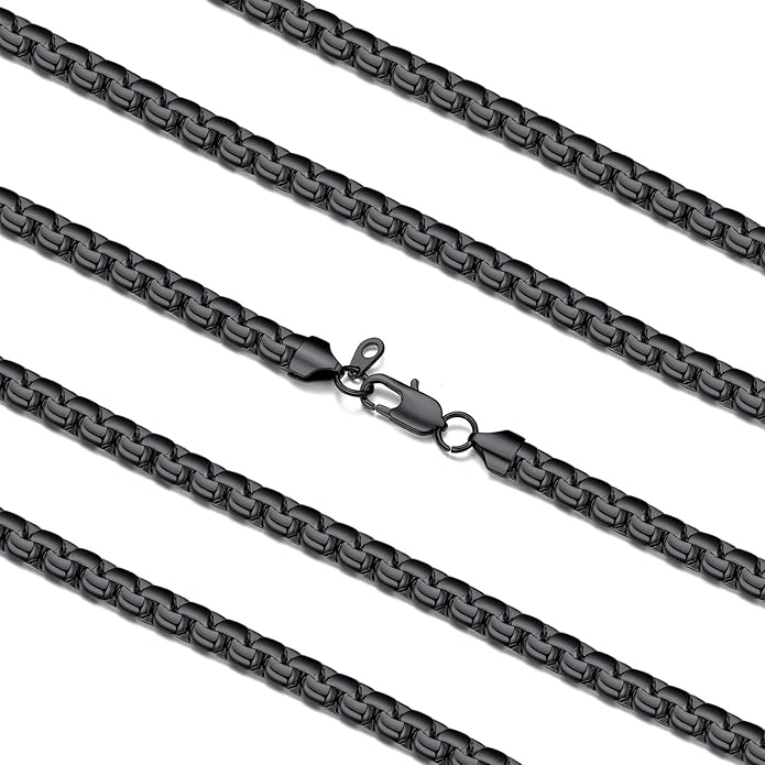 FaithHeart Mens Black/Silver/Gold Stainless Steel Flat Box Link Chain Necklace, Stylish 2/4/6/8mm Width Box Chains Necklaces for Men Non Tarnish Hip Hop Chain Jewelry Gifts,14"-30" Length