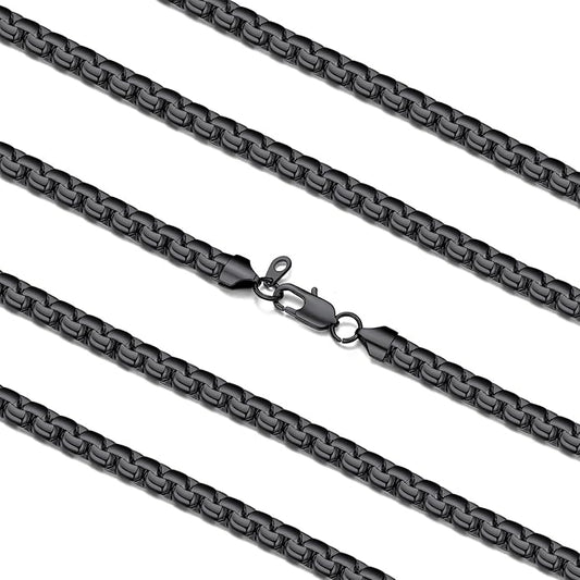 FaithHeart Mens Black/Silver/Gold Stainless Steel Flat Box Link Chain Necklace, Stylish 2/4/6/8mm Width Box Chains Necklaces for Men Non Tarnish Hip Hop Chain Jewelry Gifts,14"-30" Length