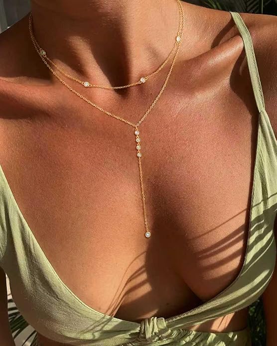 Lariat Necklace for Women, Dainty Long Necklaces, 14k Gold/Silver Plated Y-Shaped Drop Chain Necklace, Simple Layered Necklaces, Trendy Jewelry Gifts for Her