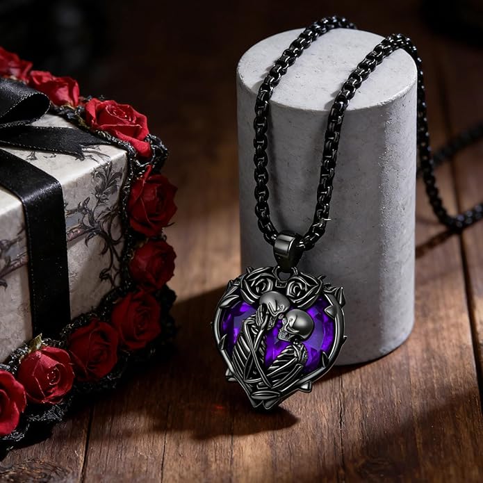 Flpruy 925 Sterling Silver Black Gothic Jewelry Gifts Skeleton Couple Pendant Crystal Birthstone Heart Necklace Punk Romantic Jewelry for Lover Men Women