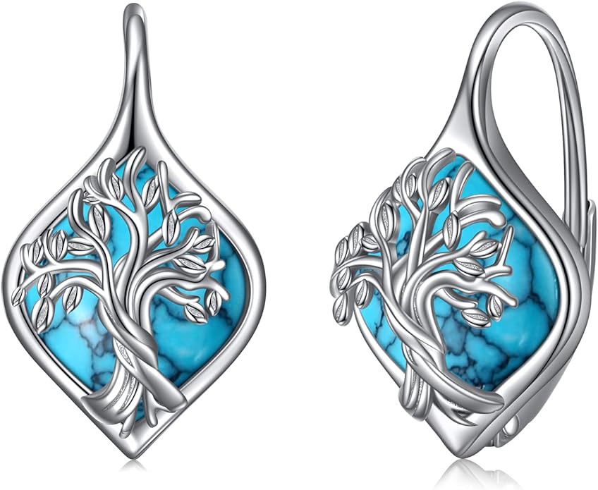 WINNICACA Leverback Earrings for Wonen 925 Sterling Silver Tree of Life Earrings Dangle Drop Turquoise Moonstone Moss Agate Heart Jewelry Gifts for Women Anniversary Birthday Christmas