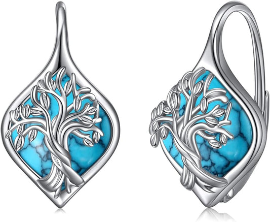 WINNICACA Leverback Earrings for Wonen 925 Sterling Silver Tree of Life Earrings Dangle Drop Turquoise Moonstone Moss Agate Heart Jewelry Gifts for Women Anniversary Birthday Christmas