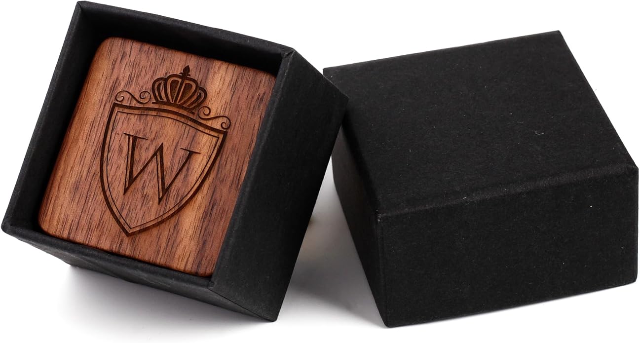 Mens Initial Silver Cufflinks A-Z Alphabet Letter Steel Cuff Links with Engraved Walnut Wood Box Groom Groomsman Wedding Set…