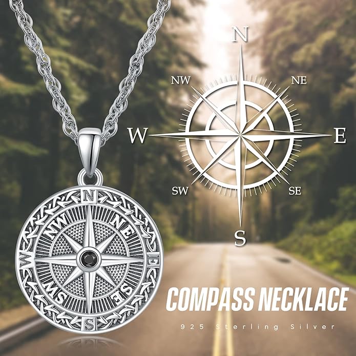 KINGWHYTE Compass Necklace for Men 925 Sterling Silver Birthday Gifts Graduation Travel Jewelry for Husband Brother with Stainless Steel Chain