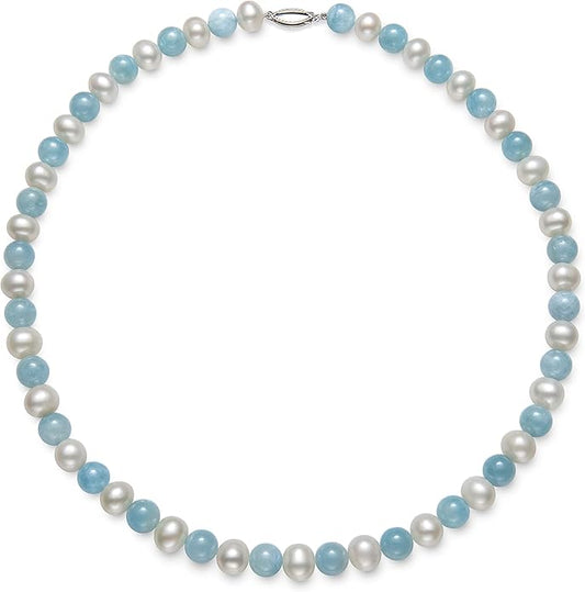 Belacqua Sterling Silver Cultured Freshwater Pearl and Natural Aquamarine Necklace, 18"