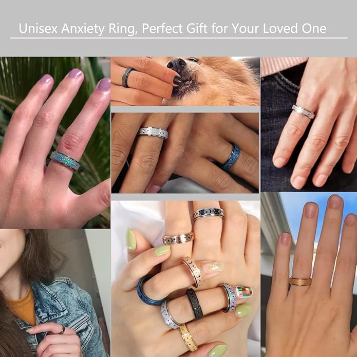 AmorArtSky Anxiety Ring for Women Men, Titanium Stainless Steel Spinner Ring, 5 Colors, 6MM, Size 6-10, 3 Styles Anxiety Ring-Moon Star, Sandblasted Finished, Hollow Outer