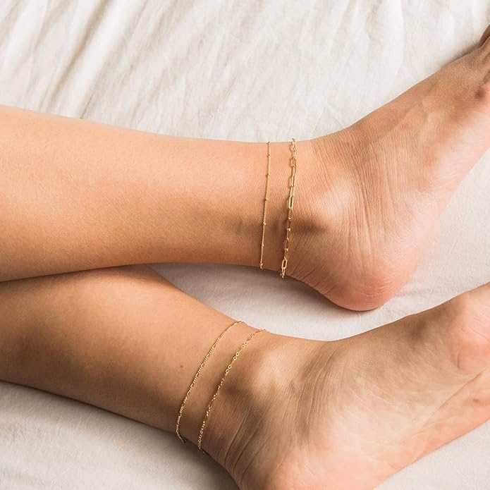 DEARMAY 14K Gold Plated Ankle Bracelets for Women Waterproof - Dainty 6Pcs Anklets Layered Cuban Link Chain Herringbone Cute Anklets Set Pack Summer Beach Jewelry Gift for Women Teen