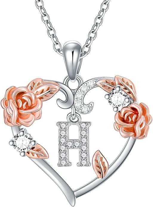 AOBOCO Rose Heart Necklaces Valentines Gifts for Women, 925 Sterling Silver Rose Love Heart Initial Letter Pendant Necklace Jewelry Mothers Day Christmas Birthday Gifts for Her Mom Wife Girlfriend