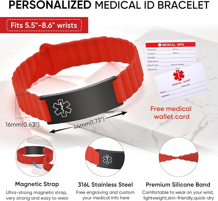 Comfortable Medical ID Bracelet for Men & Women - Custom Engraved Silicone Strap Comfort Fit Medical Alert Bracelets for Sports,Adjustable Waterproof Customizable Wristband for Diabetic