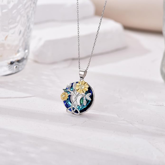 Tree of Life Pendnat Sunflower/Celtic Necklace with Blue Crystal Tree Jewelry Gifts for Women