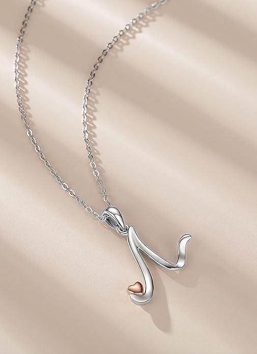CELESTIA 925 Sterling Silver Initial Necklaces 26 Letter with Rose Gold Heart - 18 Inch Chain