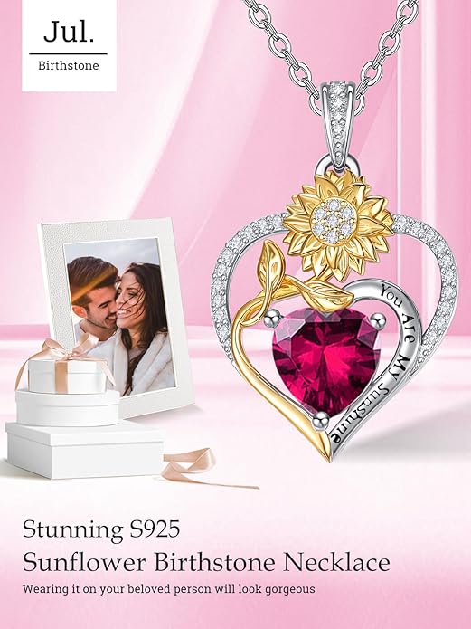 Zeuslia Double Birthstone Necklace Gifts for Wife - 925 Sterling Silver Sunflower/Rose/Crown Cross/Compass/Heart Pendant I Love You Necklace, Anniversary Birthday Gifts for Wife Girlfriend Mom Her