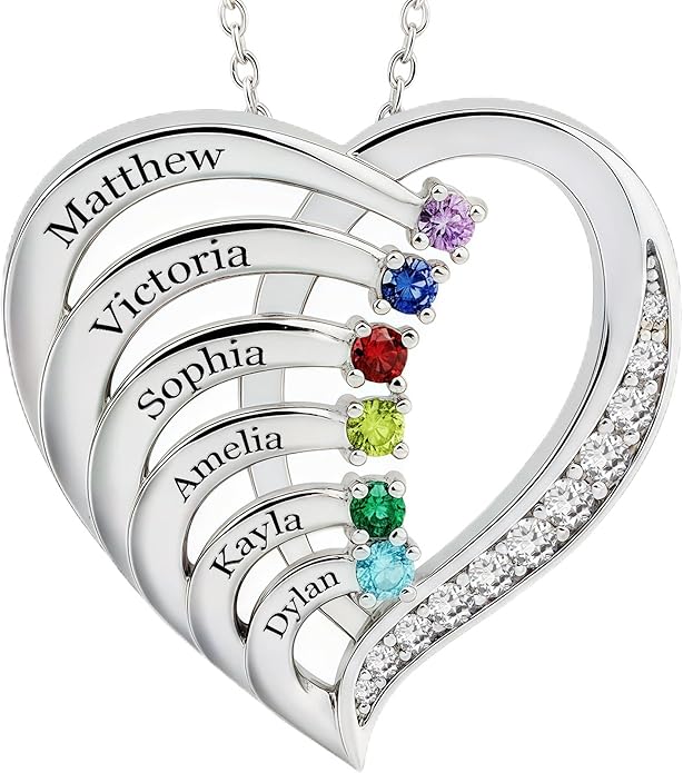 Easycosy Custom Name Necklace with Simulated Birthstones Customized Promise Necklace Heart Pendant with Engraved 2-6 Names - Anniversary Birthday Christmas Jewelry Gifts for Women Wife Mom Grandma