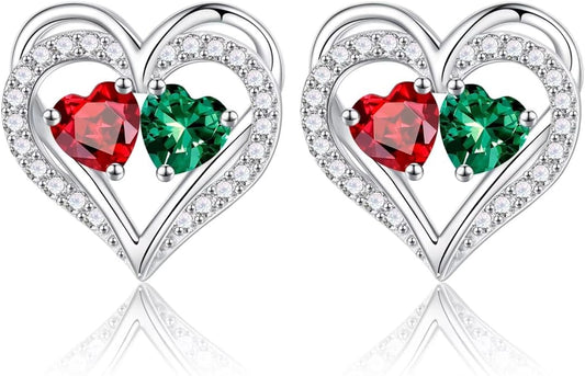 Iefil Birthstone Earrings for Women - 925 Sterling Silver Heart Earrings Anniversary Birthday Gifts for Women Wife Girlfriend Mom