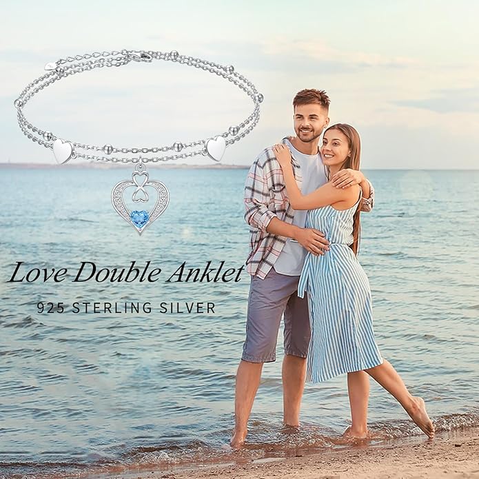 925 Sterling Silver Ankle Bracelet for Women Heart Multilayer Anklets Dainty Beaded Chain Adjustable 9+1 Inches for Summer Cute Beach Foot Jewelry