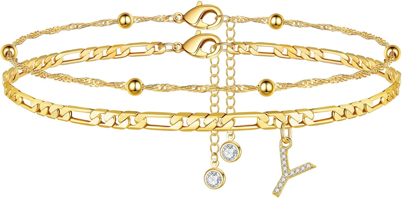 Ursteel Ankle Bracelets for Women, 14K Gold Plated Dainty Layered Chain CZ Initial Anklets Summer Jewelry Gifts for Women