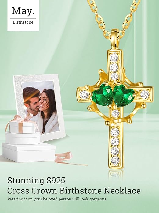 Zeuslia Double Birthstone Necklace Gifts for Wife - 925 Sterling Silver Sunflower/Rose/Crown Cross/Compass/Heart Pendant I Love You Necklace, Anniversary Birthday Gifts for Wife Girlfriend Mom Her