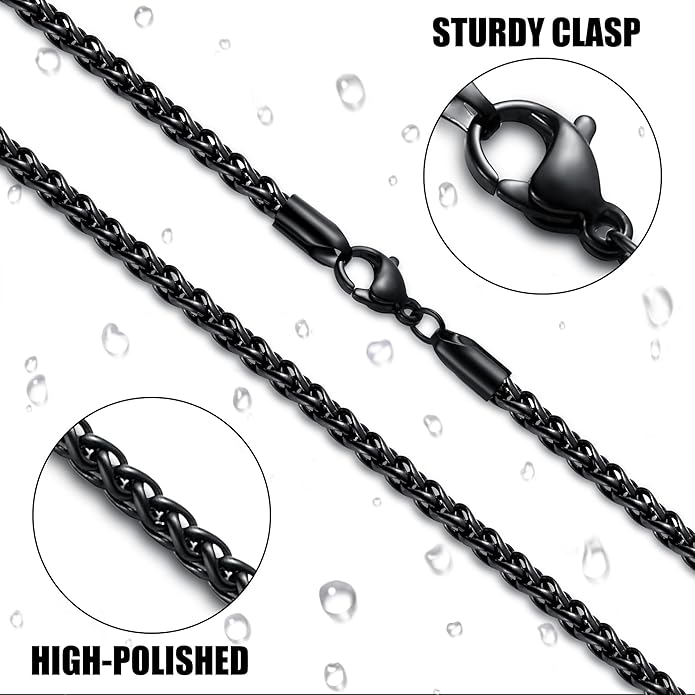 Fiusem Black Wheat Chains for Men and Women, 2/2.5/3/4/5mm Stainless Steel Necklace Chain, Mens Necklace Jewelry Gift 16-28 Inch