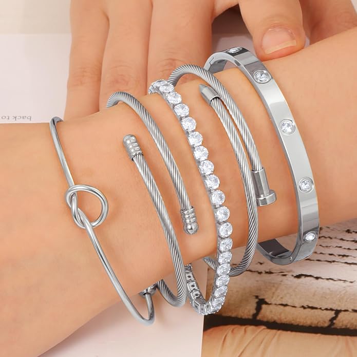 FAFUGA 18 K Gold Plated Love Bangle Bracelet Stack Cuff Jewelry for Women Jewelry Set for Women Gift with Box
