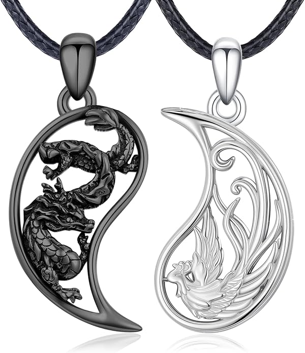 OHAYOO Dragon Phoenix Matching Necklace for Couples 925 Sterling Silver Yin Yang Pendant Necklaces for Couples Jewelry for Him and Her