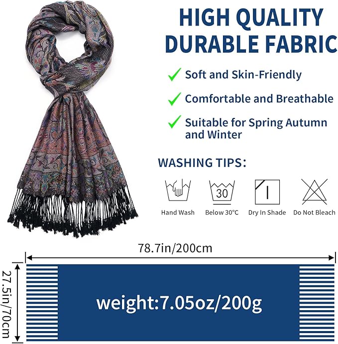 QIUTIMIY Paisley Pashmina Shawl Wrap Women Reversible Vintage Jacquard Pashmina Rave Scarf with Fringe for Evening, Wedding