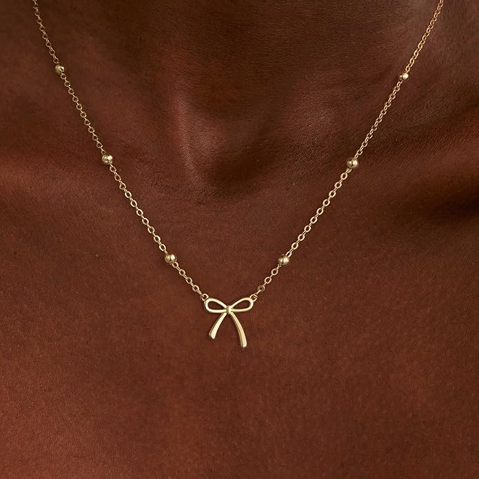Gold Necklace for Women Dainty Bow Necklace 14K Gold Plated Cute Choker Necklace Small Bow Pendant Charm Necklaces Teen Gift Trendy Stuff Personalized Jewelry Gifts