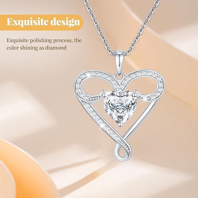 Infinity Necklace for Women, 925 Sterling Silver Heart Necklace with 5A Zircon, White Gold Plated Adjustable Chain, Gift for Valentine's Day, Birthday, Anniversary for Wife, Girlfriend, Mom