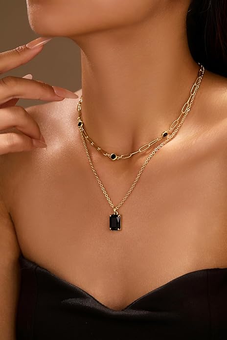 Gold Layered Pendant Necklaces for Women 14k Gold Plated Crystal Choker Necklace Paperclip Rhinestone Necklace Party Prom Jewelry