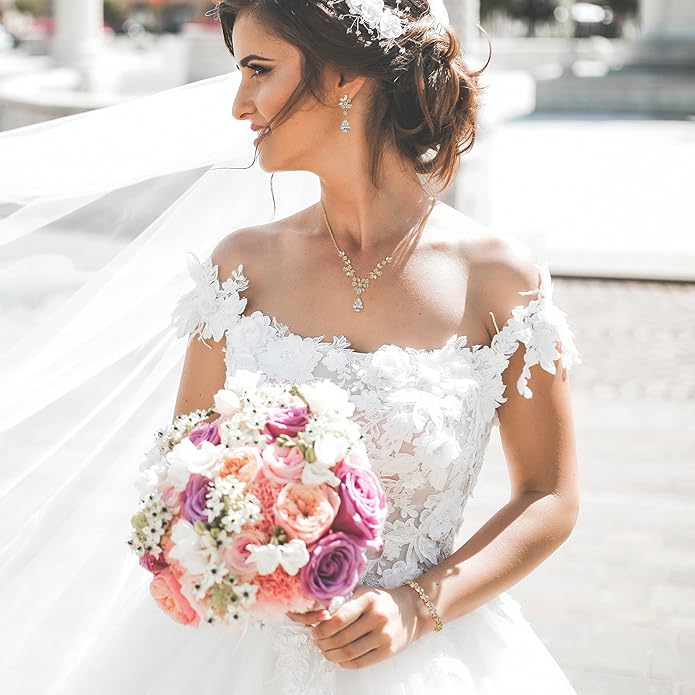 EleQueen Women's Wedding Bridal Jewelry Set for Brides Bridesmaids, Silver/14K Gold/Rose Gold Plated Cubic Zirconia Teardrop Necklace Dangle Earrings Bracelet Sets for Party Prom