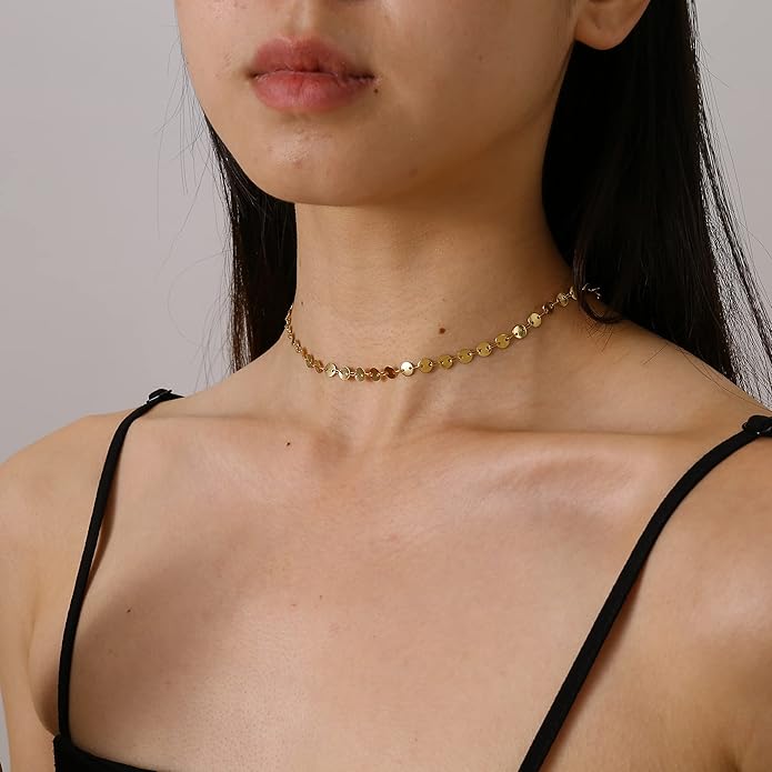 Dainty Chain Necklace for Women, 18K Gold Plated Coin Disc Choker Necklaces Simple Satellite Beaded Twisted Thin Paper Clip Chain Everyday Jewelry Gifts