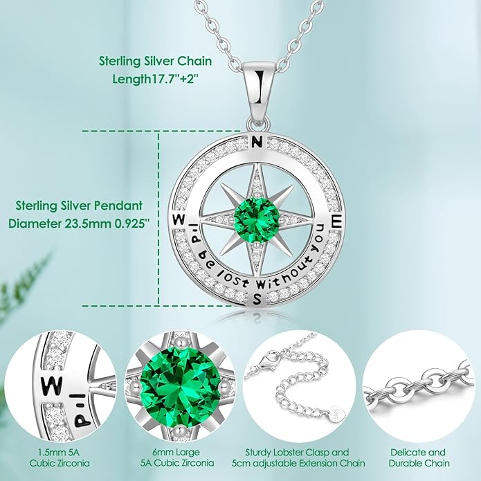 Zifeel Compass Necklace Gifts for Women wife - S925 Sterling Silver Birthstone Necklaces for Women - Anniversary Birthday Gifts for Her Wife Girlfriend - Valentines Mom Mothers Day Christmas Gifts Jewelry for Women