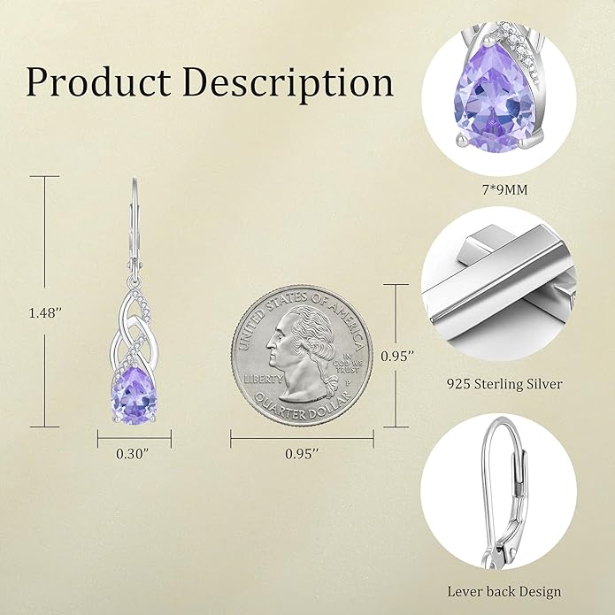 JO WISDOM Women Celtic Knot Infinity Dangle Earrings for Women Sterling Silver 7 * 9mm Birthstone Irish Twisting Drop Earrings Jewelry for Women