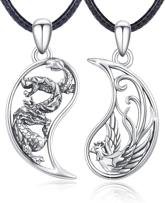 OHAYOO Dragon Phoenix Matching Necklace for Couples 925 Sterling Silver Yin Yang Pendant Necklaces for Couples Jewelry for Him and Her