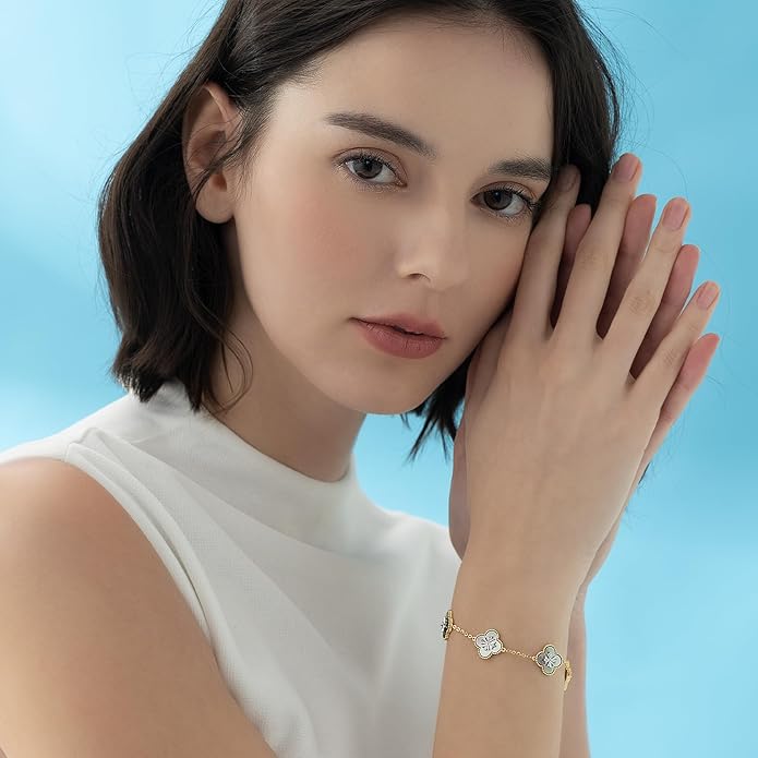 Fydesta 18K Gold Plated Clover Bracelet, Mother of Pearl Four Leaf Flower Bracelet for Women, 6.9" + 2" Adjustable Bracelet, Cross Motif, Gold or Silver Tone