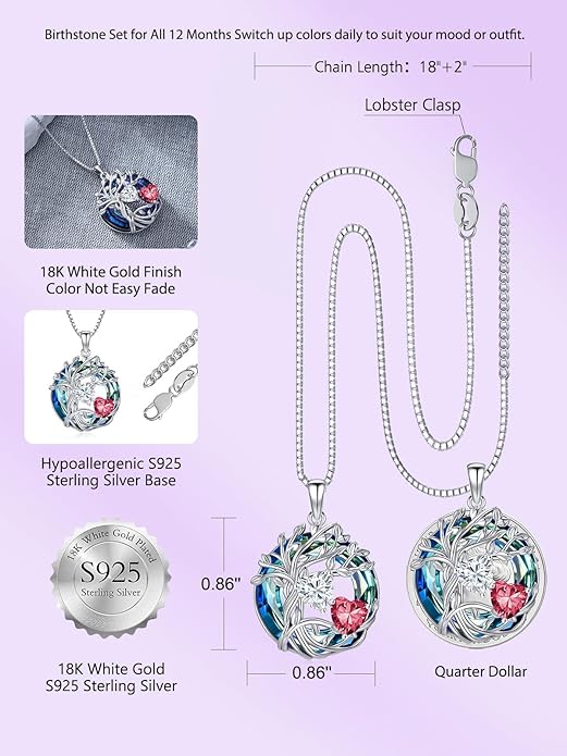 TOUPOP s925 Sterling Silver Family Celtic Tree of Life Pendant Necklaces with 2 Heart Birthstone with Blue Austrian Crystal Jewelry Birthday Anniversary Christmas Gifts for Her Wife Girlfriend Mom (18K Real White Gold Filled)