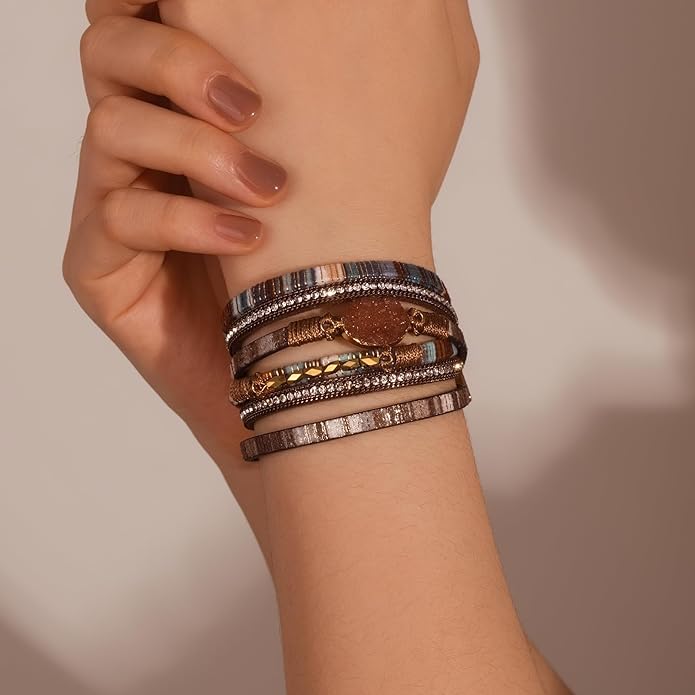 FANCY SHINY Leather Wrap Bracelet Boho Cuff Bangle Bracelets Crystal Bead Bracelet with Magnetic Clasp Jewelry Gifts for Women