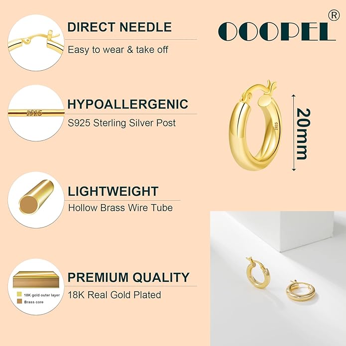 4mm Thick Gold Chunky Earrings Steling Silver Post Hoops Earrings For Women Hollow Tube Hoops Earrings Thick Gold Hoop Earrings Hypoallergenic Lightweight Gold Hoop Large Earrings 20/30/40/50/60MM