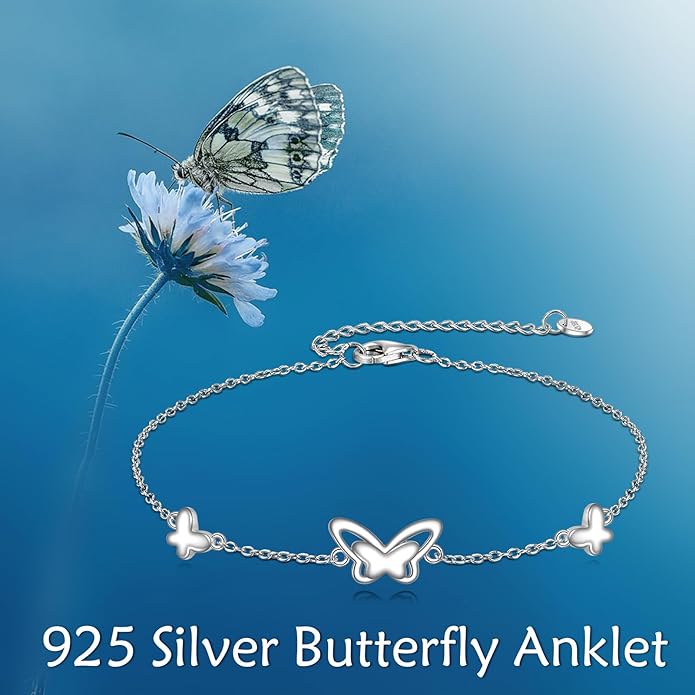 AOBOCO Sterling Silver Anklet for Women Crystal Butterfly Dragonfly Evil Eye Ankle Bracelet
