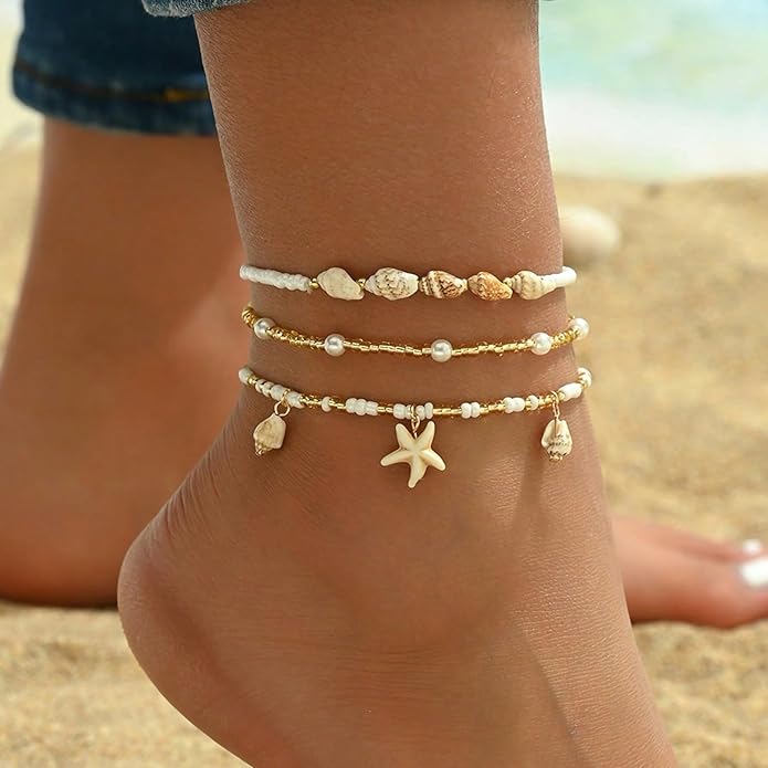Shell Ankle Bracelet Set for Women, Gold Plated Boho Bead Adjustable Anklet, Hawaiian Beach Seashell Pearl Heart Starfish Conch Foot Jewelry Gifts