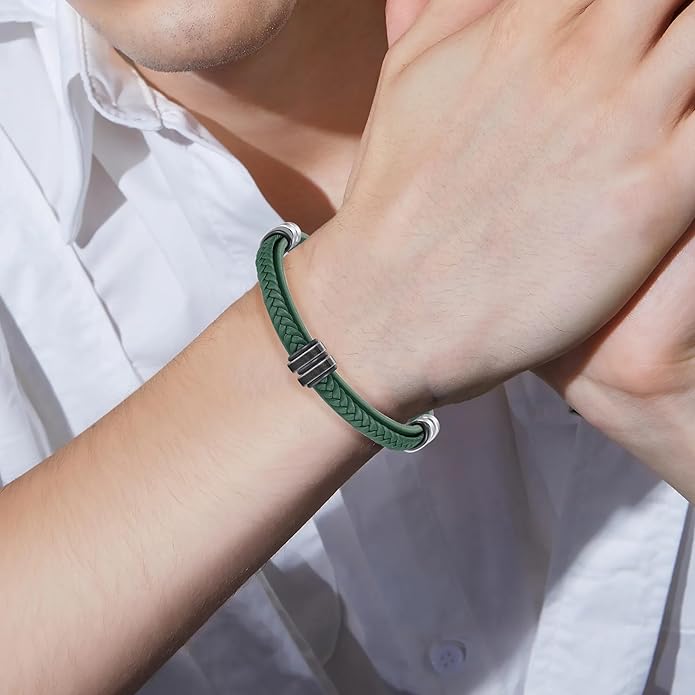 Leather Bracelet for Men with Adjustable Stainless Steel Magnetic Clasp Multi-Layer Braided Mens Leather Bracelet