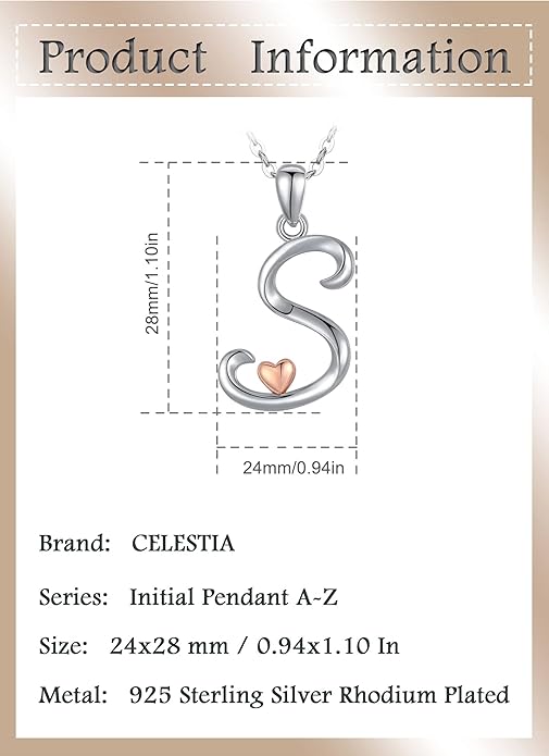 CELESTIA 925 Sterling Silver Initial Necklaces 26 Letter with Rose Gold Heart - 18 Inch Chain