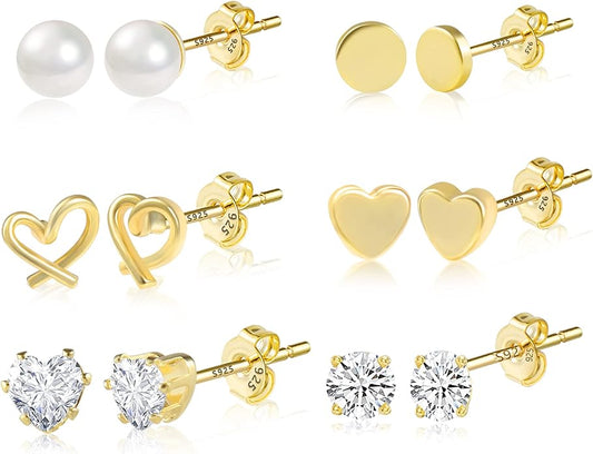 Stud Earrings for Women Hypoallergenic Sterling Silver Post Hoop and Studs Earrings Set for Multiple Piercing Small Ball Cubic Zirconia Earring Studs for Women Trendy Jewelry Gifts（6 Pairs）
