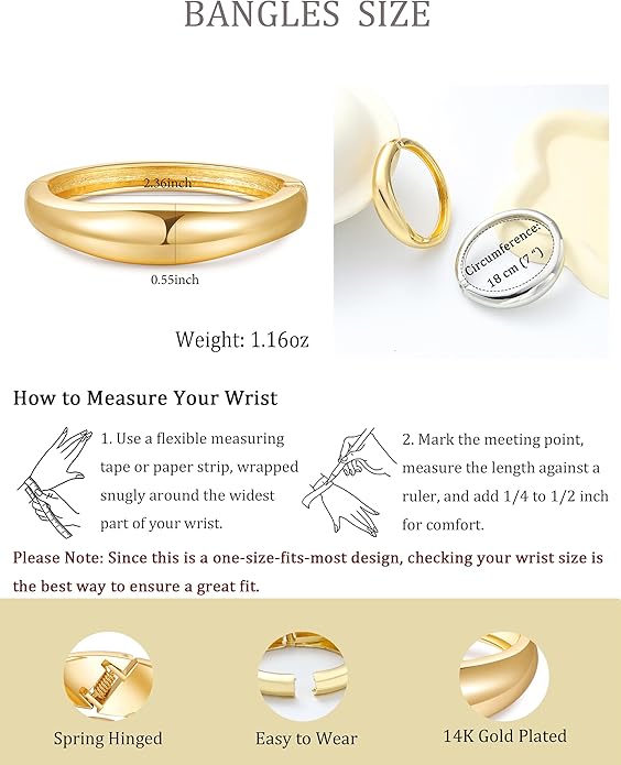 Bangle Bracelets for Women | 14K Gold Plated Trendy Wide Bracelets | Hinged Arm Cuff Bangles Chunky Bracelet for Women