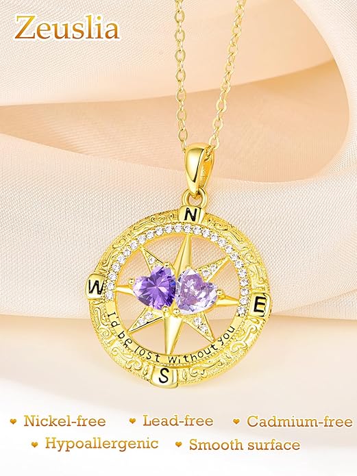 Zeuslia Double Birthstone Necklace Gifts for Wife - 925 Sterling Silver Sunflower/Rose/Crown Cross/Compass/Heart Pendant I Love You Necklace, Anniversary Birthday Gifts for Wife Girlfriend Mom Her