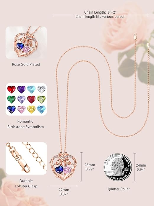 Rose Gold Necklaces for Women Double Birthstone Rose Flower Heart Pendant Necklace Jewelry Anniversary Christmas Valentine's Mother's Day Birthday Gift for Wife Mom Her Girlfriend Sister