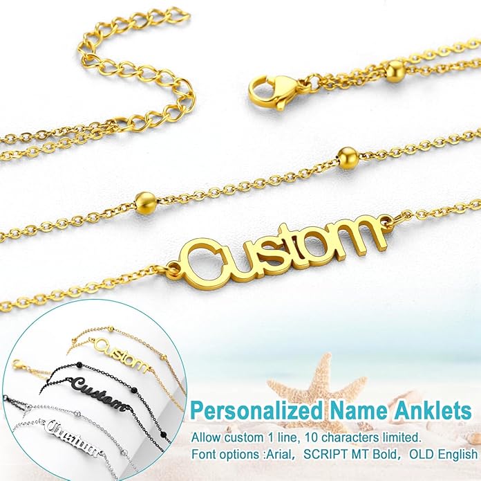 U7 Custom Layered Ankle Bracelets for Women Stainless Steel Bead/Cuban/Figaro/Rope/Wheat Chain Anklet Waterproof Anklet Jewelry for Beach Vacation
