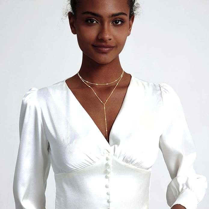 Zeffy Lariat Gold Necklace for Women, Dainty Long Necklace 14k Gold/Silver Plated Layered CZ Beaded Bar Chain Y-Shaped Body Chain Stack Drop Wedding Necklace Trendy Simple Gold Jewelry Gifts
